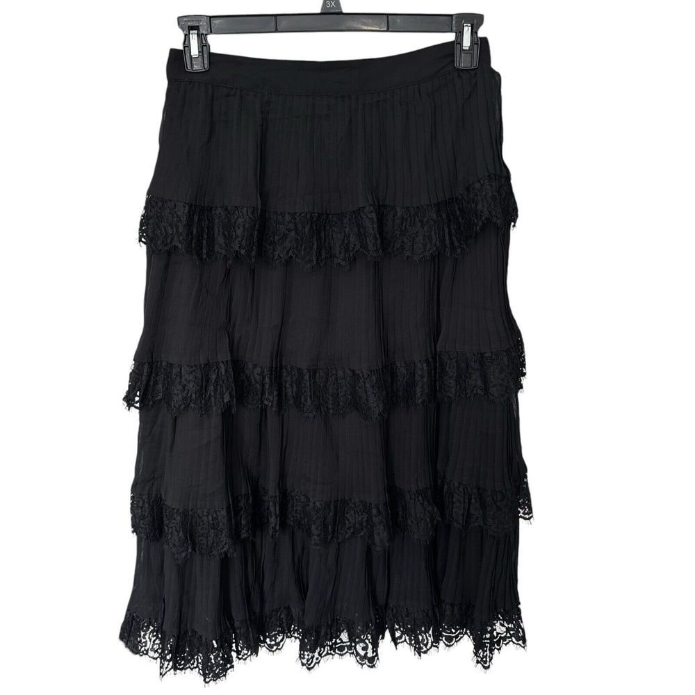 Rachel Parcell Tiered Pleated Midi Skirt Lace Trim Black Size 10 Whimsicalgoth